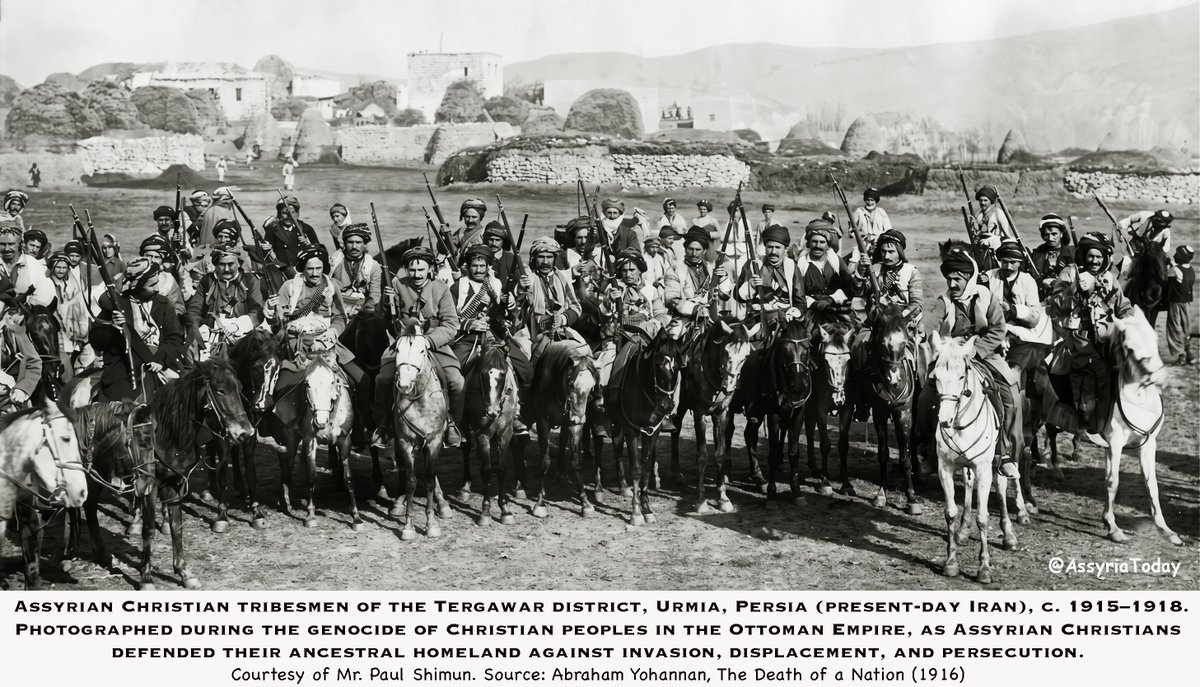 TodayAssyria's tweet photo. 📜 Assyrian Christian tribesmen of the Tergawar district, Urmia, Persia (present-day Iran), c. 1915–1918.

This photograph captures Assyrian tribesmen during one of the darkest chapters in their nation's history. For thousands of years, Assyrians had lived in Upper Mesopotamia, Hakkari, Urmia, and the Nineveh Plains, preserving their Christian faith, Aramaic language, and ancient heritage despite centuries of foreign rule.

⚔️ During the Ottoman Turkish Genocide of Christians (1914-1914), the Ottoman Empire carried out a systematic campaign against its Christian populations, including Armenians, Assyrians, Maronites and Greeks. Assyrian villages were attacked, churches destroyed, and entire communities subjected to massacres, forced marches, starvation, and displacement. Tens of thousands of Assyrians perished, while survivors were driven from their ancestral lands.

Faced with extermination, Assyrian tribesmen organized to defend their people. They fought not for conquest, but for survival—the protection of their families, faith, villages, and homeland. Against overwhelming odds, they escorted refugees, defended mountain passes, and resisted attacks that threatened the very existence of the Assyrian nation.

🛡️ Among the most prominent Assyrian military and tribal leaders were Agha Petros, Malik Khoshaba, Malik Ismail II, Malik Kambar, Malik Yaqo d'Malik Ismail, Malik Khamoo, Malik Shamizdin, Malik Khiyo, Malik Yonan, Sawa Matloub, and numerous other tribal chiefs from Tyari, Tkhuma, Baz, Jilu, and neighboring Assyrian districts. Their leadership and sacrifice became symbols of Assyrian resistance during the genocide.

🕯️ Although many Assyrian communities were destroyed and countless lives were lost, the Assyrian people survived. Today, more than a century later, the memory of these tribesmen endures as a testament to courage, resilience, and the determination of a people who refused to abandon their faith, identity, and homeland.

Courtesy of Mr. Paul Shimun. Source: Abraham Yohannan, The Death of a Nation (1916).

#Assyrian #Assyrians #Sayfo #AssyrianGenocide #NeverForget #AssyrianHistory #AghaPetros #MalikKhoshaba #Urmia #Hakkari #NinevehPlains #Mesopotamia #ChristianHistory #IndigenousPeoples #AssyrianHeritage #AssyrianNation #Aramaic #MiddleEastHistory 🕊️