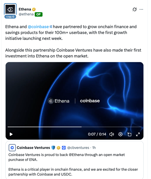 DefiantNews's tweet photo. NEW: ETHENA 🤝 COINBASE

Coinbase Ventures @cbventures bought @ethena's $ENA tokens directly on the open market.

Separately, @Coinbase and Ethena partnered to "grow onchain finance and savings products."

Read more here:
https://t.co/3q2pPZOC0J https://t.co/Kn3cpy7aYv