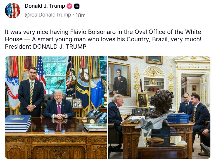 MarioNawfal's tweet photo. 🇺🇸🇧🇷 Trump welcomed Flávio Bolsonaro into the Oval Office

"A smart young man who loves his Country, Brazil, very much."

With Lula in Brasília and Jair Bolsonaro barred from running until 2030, this meeting is a clear signal: Washington isn't done with Brazil's right.