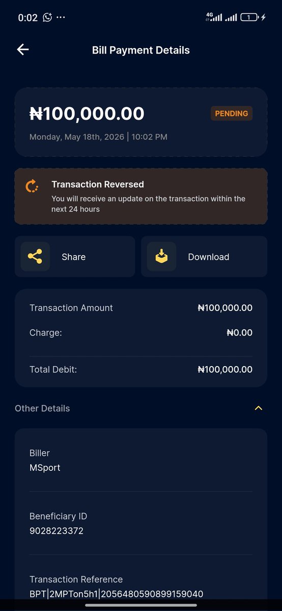 dsamtop's tweet photo. @AgbaBoiz @moniepointng is a fraud bank,100k pending since may 18th,  a betting deposit and they are yet to return it 😭💔, please help me tag them pls https://t.co/WCJb04bpsd
