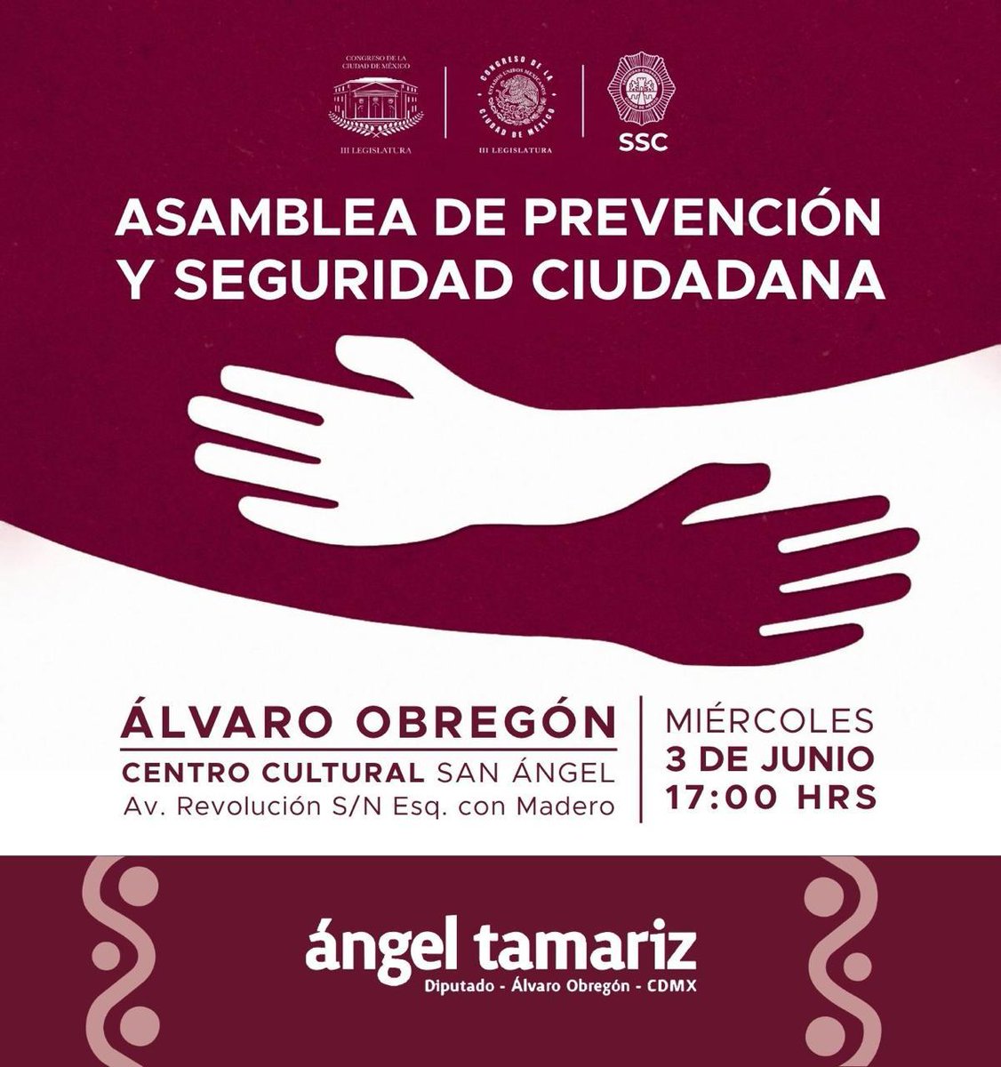 AngelTamarizS's tweet photo. Invito a las vecinas y vecinos de Álvaro Obregón, así como a las y los integrantes de las COPACO, a participar en la Asamblea de Prevención y Seguridad Ciudadana.

📍 Centro Cultural San Ángel
📅 Miércoles 3 de junio
🕔 5:00 PM

La paz la construimos entre todas y todos. https://t.co/4KtiwE53pR