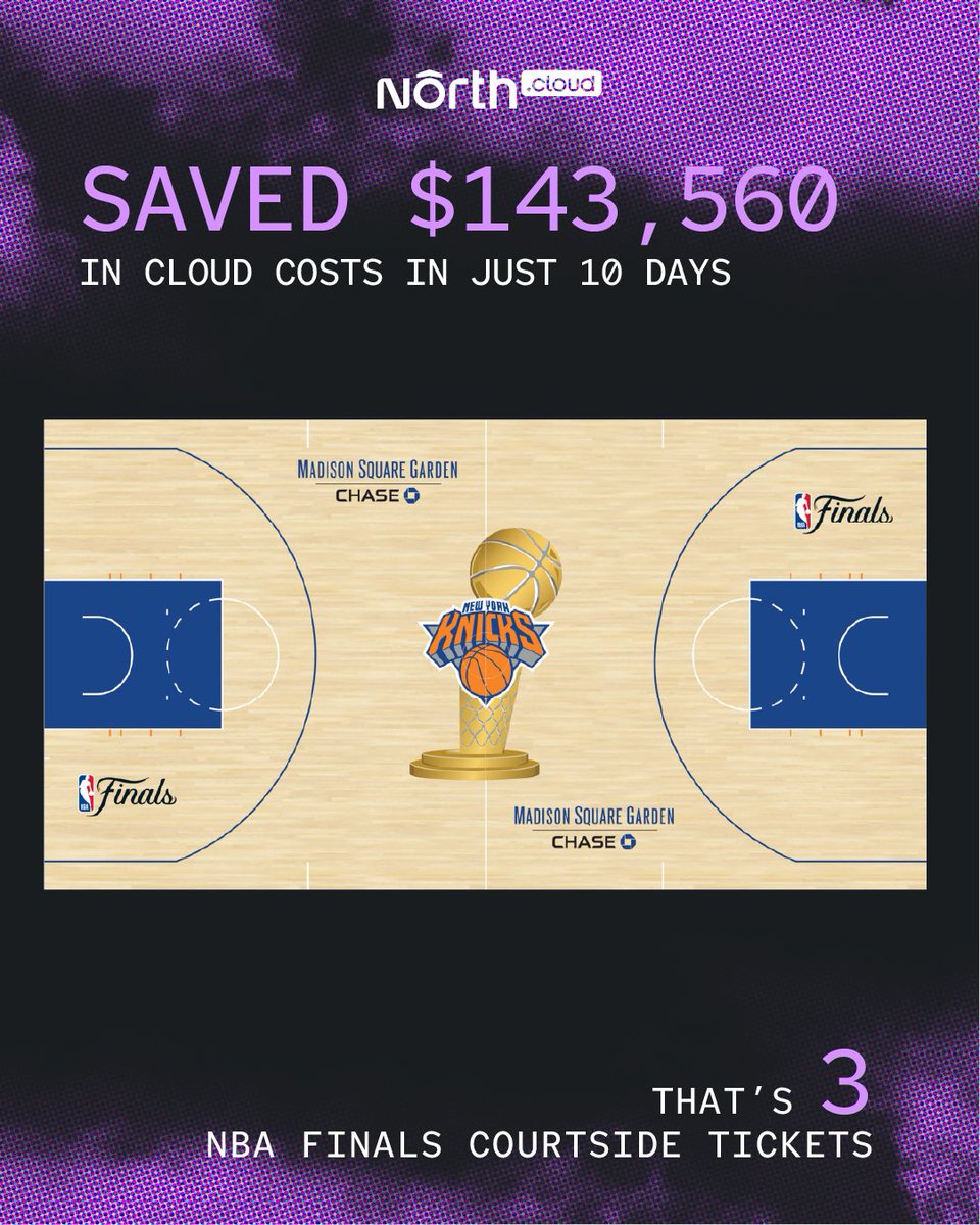 north_cld's tweet photo. One of our customers saved $143,560 on cloud costs in 10 days. 

That's three courtside seats at MSG to watch the Knicks play in the Finals for the first time since '99.

Also 95,706 Costco hot dogs. But some things only come around every 27 years.
#FinOps #AWS https://t.co/0AjaRwqudB