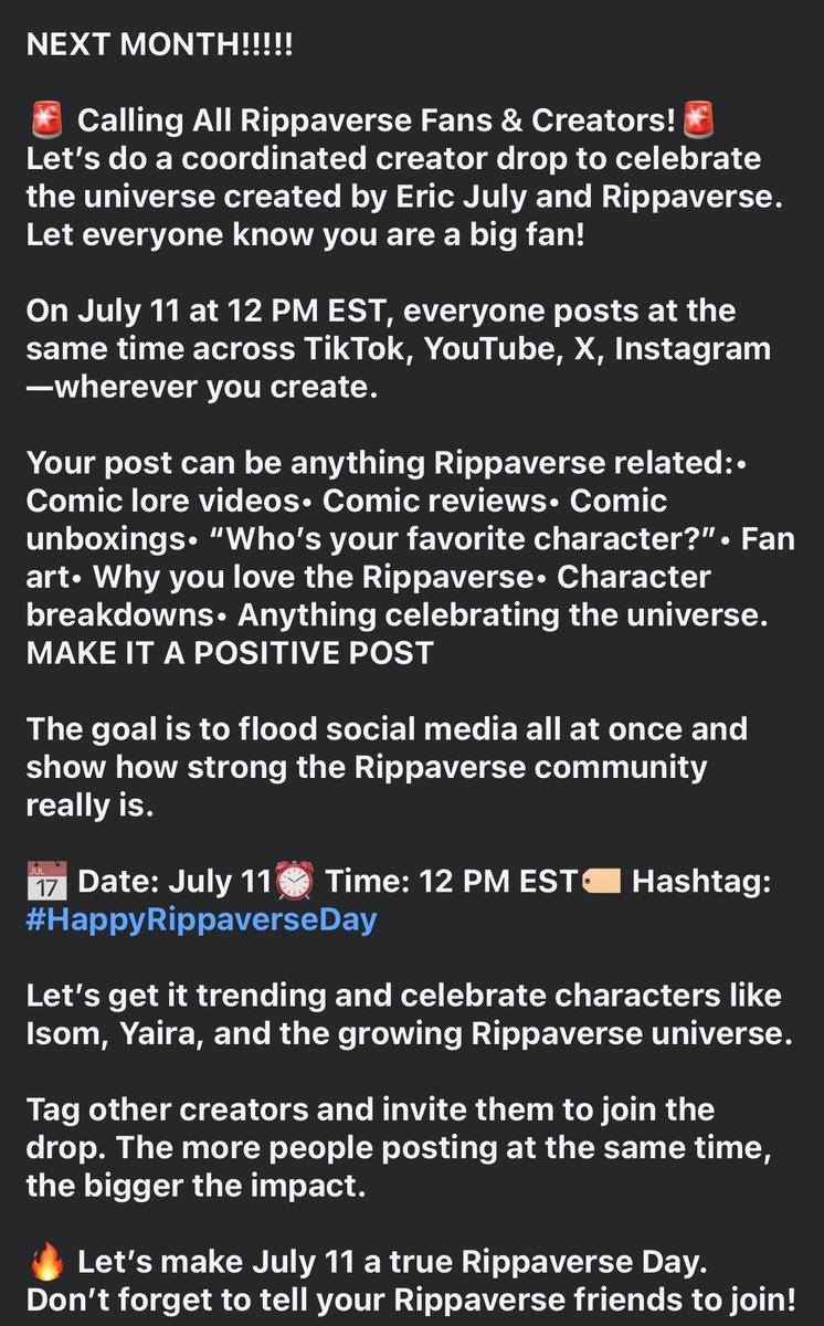 Weaponx1011's tweet photo. 🚨ATTENTION RIPPAVERSE FANS!🚨
Read screenshot below 👇 

@EricDJuly @twisted_twins @Rippalorian @Dokumaandrew https://t.co/z5LdjLEd8U