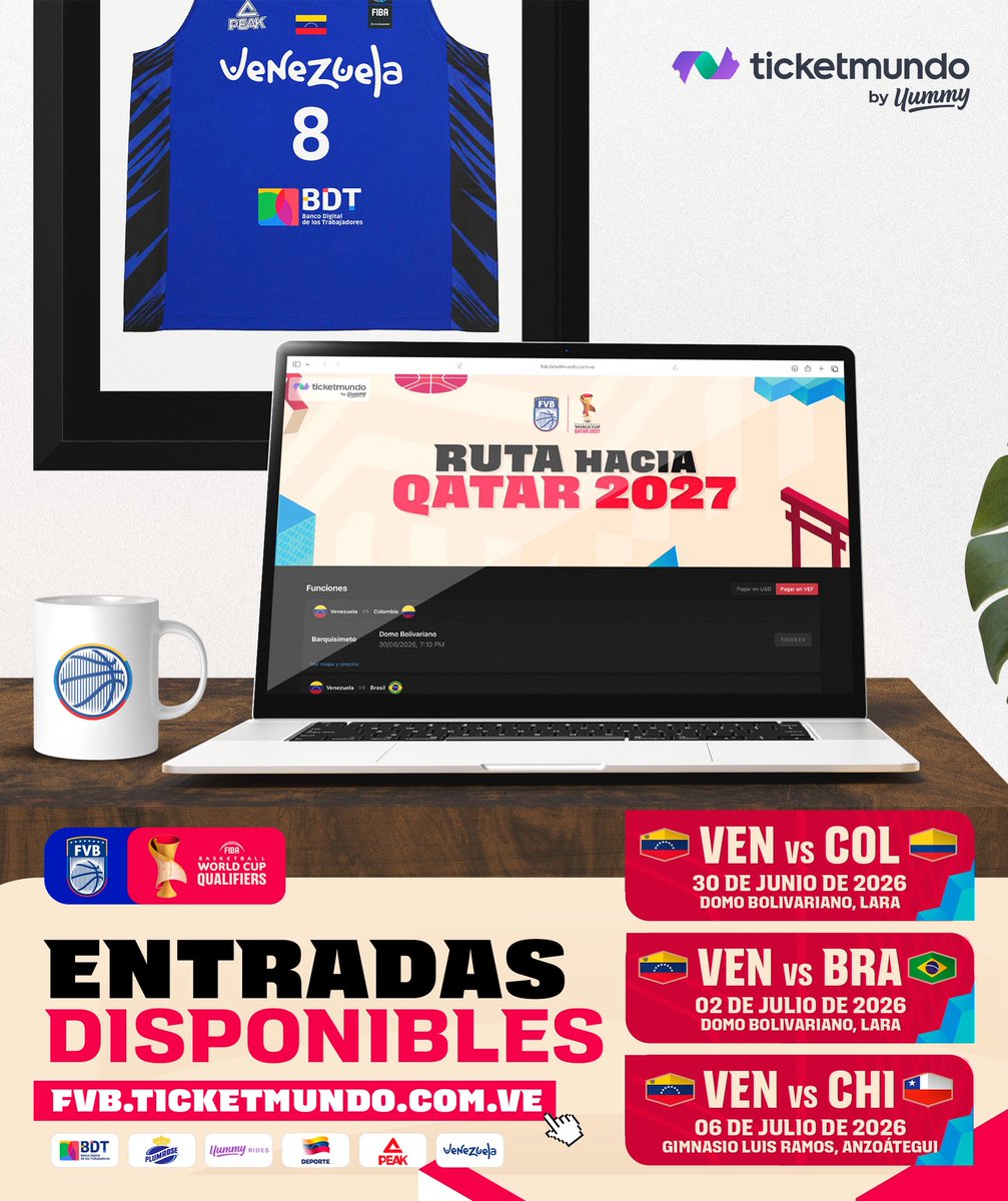 FVBbasketball's tweet photo. 🇻🇪 Entradas disponibles para ver a nuestra selección: ingresa a https://t.co/ufTNpYSP3f y acompáñanos en la ruta hacia Qatar 2027. 

Barquisimeto y Puerto La Cruz, ¡allá vamos! 🏀

🗓️ 30 de junio | 🇻🇪🆚🇨🇴 | Lara
🗓️ 02 de julio | 🇻🇪🆚🇧🇷 | Lara
🗓️ 06 de julio | 🇻🇪🆚🇨🇱 | Anzoátegui https://t.co/BgTqpupywR