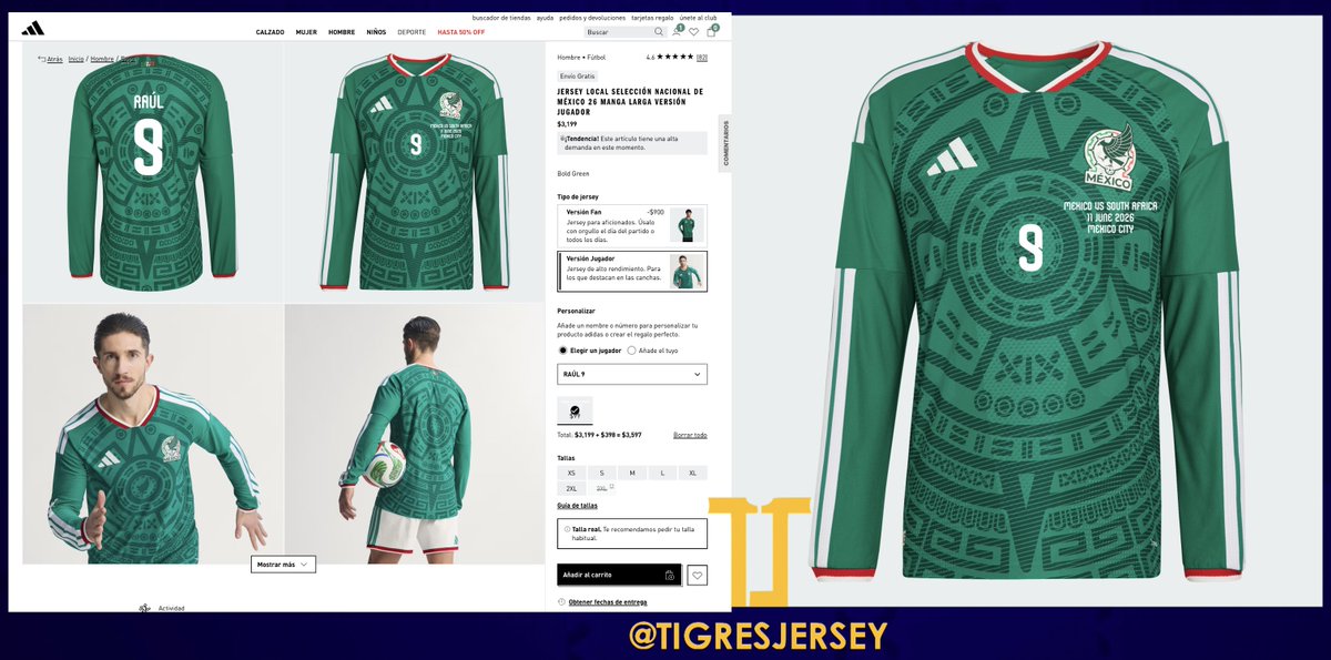 TigresJersey's tweet photo. En temas de @FIFAWorldCup, la tienda en línea de @adidasMX ofrece además del dorsal del jugador por 299 MXN, el detalle de partido, o #matchdetail, del juego de inauguración en el jersey de local de @miseleccionmx.
En el versión jugador y manga larga, el total sería ¡3597 MXN!