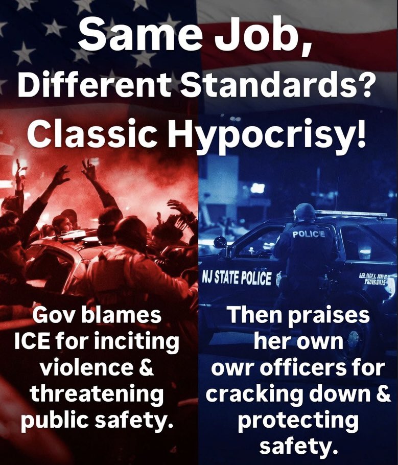 MurrayEdwards67's tweet photo. Gov. Mikie Sherrill’s hypocrisy on full display in NJ:

She blasts ICE agents for “inciting tensions” and being a “threat to public safety” at Delaney Hall protests — claiming their presence escalates violence.

Then she deploys New Jersey State Police to crack down on the chaos, praises them for “protecting public safety” and “avoiding escalation”… while doing exactly what she accuses ICE of doing.

Classic Democrat logic: Federal law enforcement = bad.

Her own officers enforcing order = heroes.

You can’t blame ICE for doing their job enforcing immigration law, then pat your troopers on the back for the same tough work against rioters. 

This is nothing more partisan political theater.

#NJ #Sherrill #ICE #DelaneyHall