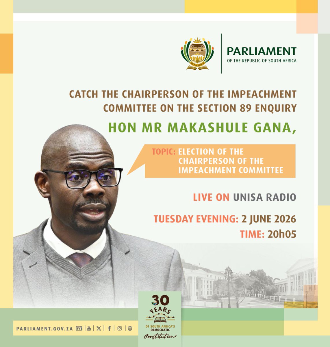 ParliamentofRSA's tweet photo. The Chairperson of the Impeachment Committee on the Section 89 enquiry, Mr Makashule Gana, will be live on UNISA Radio tonight at 20:05 to discuss the election of the committee chairperson. #Section89Enquiry https://t.co/ePAYrEqHJZ