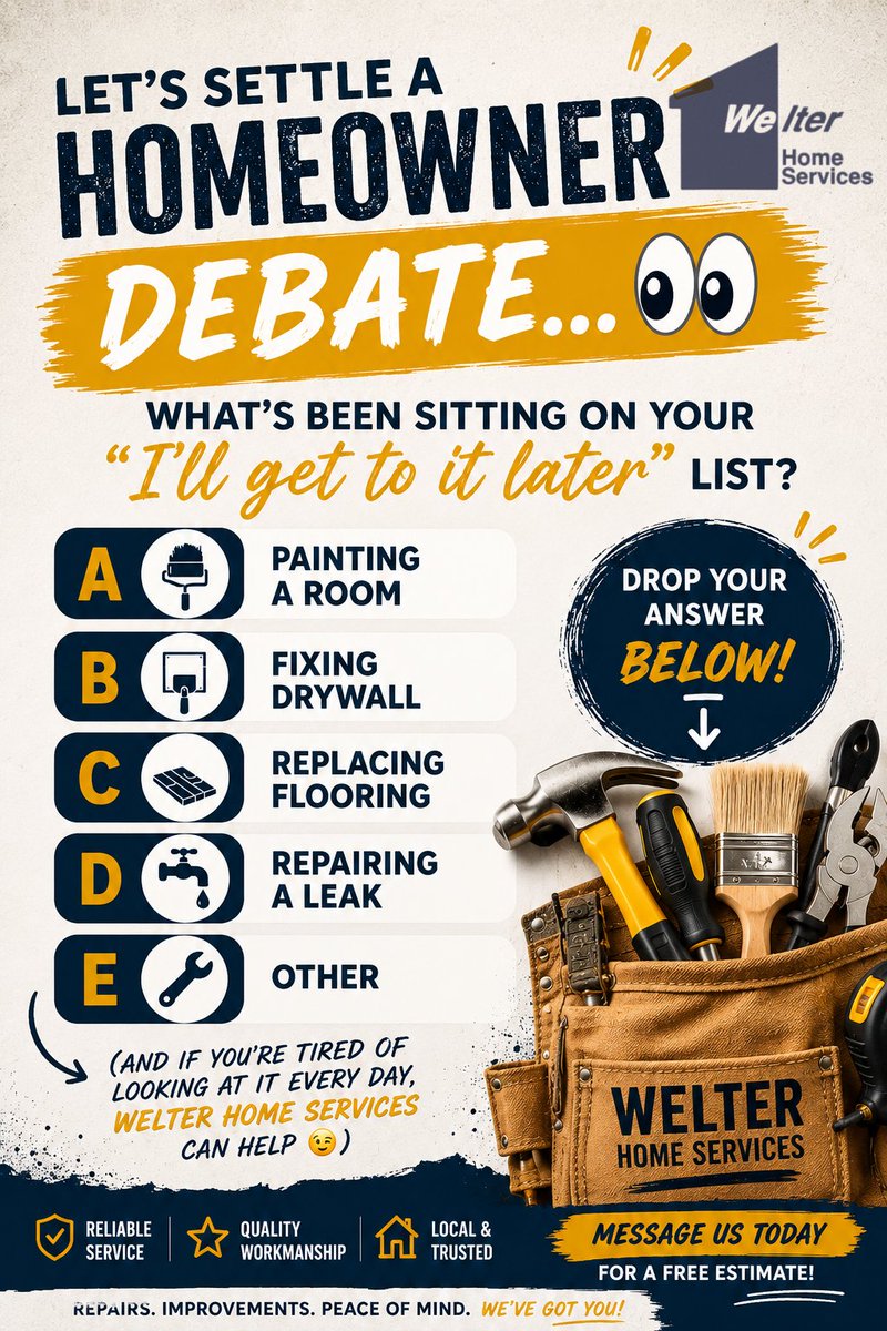 HandyWelter's tweet photo. What's been sitting on your "I'll get to it later" list?

🔘 Painting a room
🔘 Fixing drywall
🔘 Replacing flooring
🔘 Repairing a leak
🔘 Other

Drop your answer below! 👇

(And if you're tired of looking at it every day, Welter Home Services can help 😉) https://t.co/fo4wH0sEVv