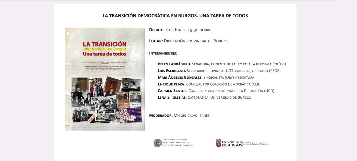 JMChomon's tweet photo. #Libro. "La transición democrática en Burgos. Una tarea de todos".
Debate. Jueves 4 de junio.
Lugar. Diputación de Burgos.
Hora. 19,30. https://t.co/UoZhz8OjVe
