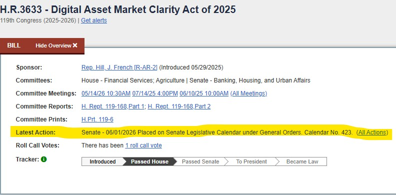 Altcoinist's tweet photo. JUST IN: 🇺🇸 Clarity Act added to Senate Legislative Calendar, making it eligible for full Senate consideration. https://t.co/IoLrtniSLA