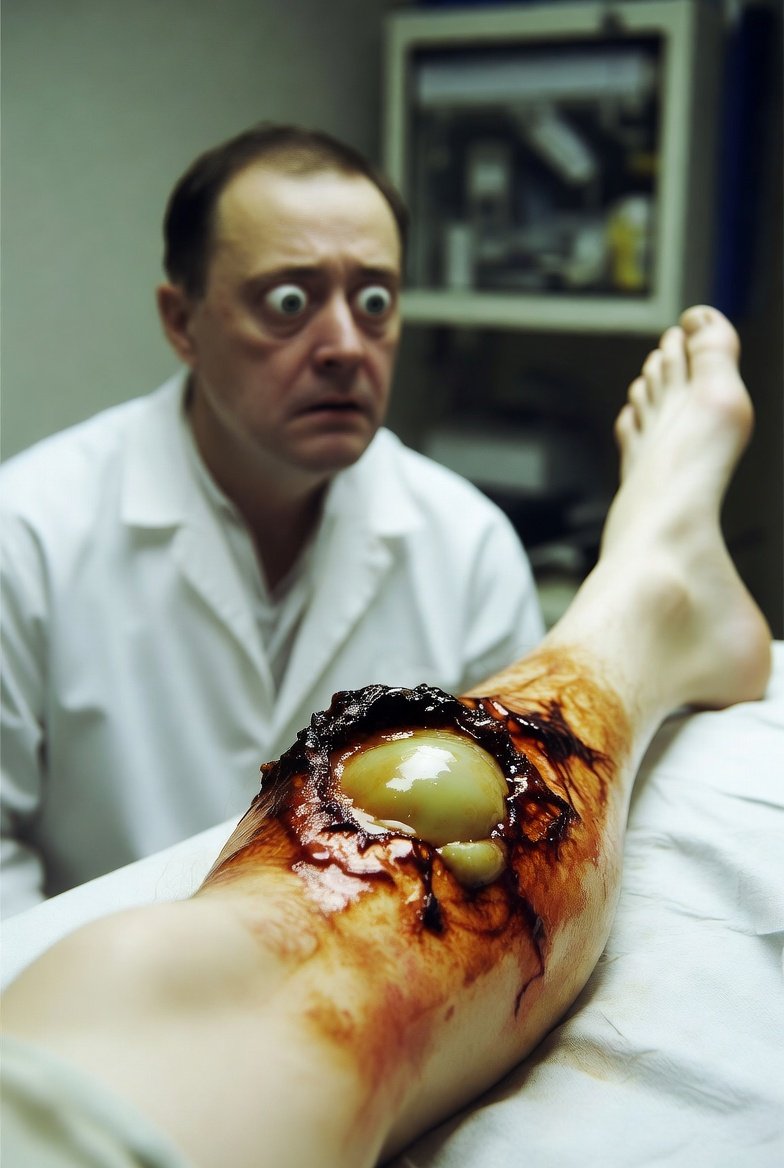 LOVECRAFT_AI's tweet photo. That scratch from digging in the old garden near those weird black stones is now a huge #festering_wound on my leg. 
Black edges, yellow-green pus, smells like dead things from the sea.  Fuck it hurts. 😭
The skin keeps splitting. Something moves inside. 
Not bugs, something whispering. My doctor backed away, said it’s from before time. 
It’s eating me.
Anyhow, don’t dig where the ground feels wrong. Ever
#horrorprompt ☠️🐙