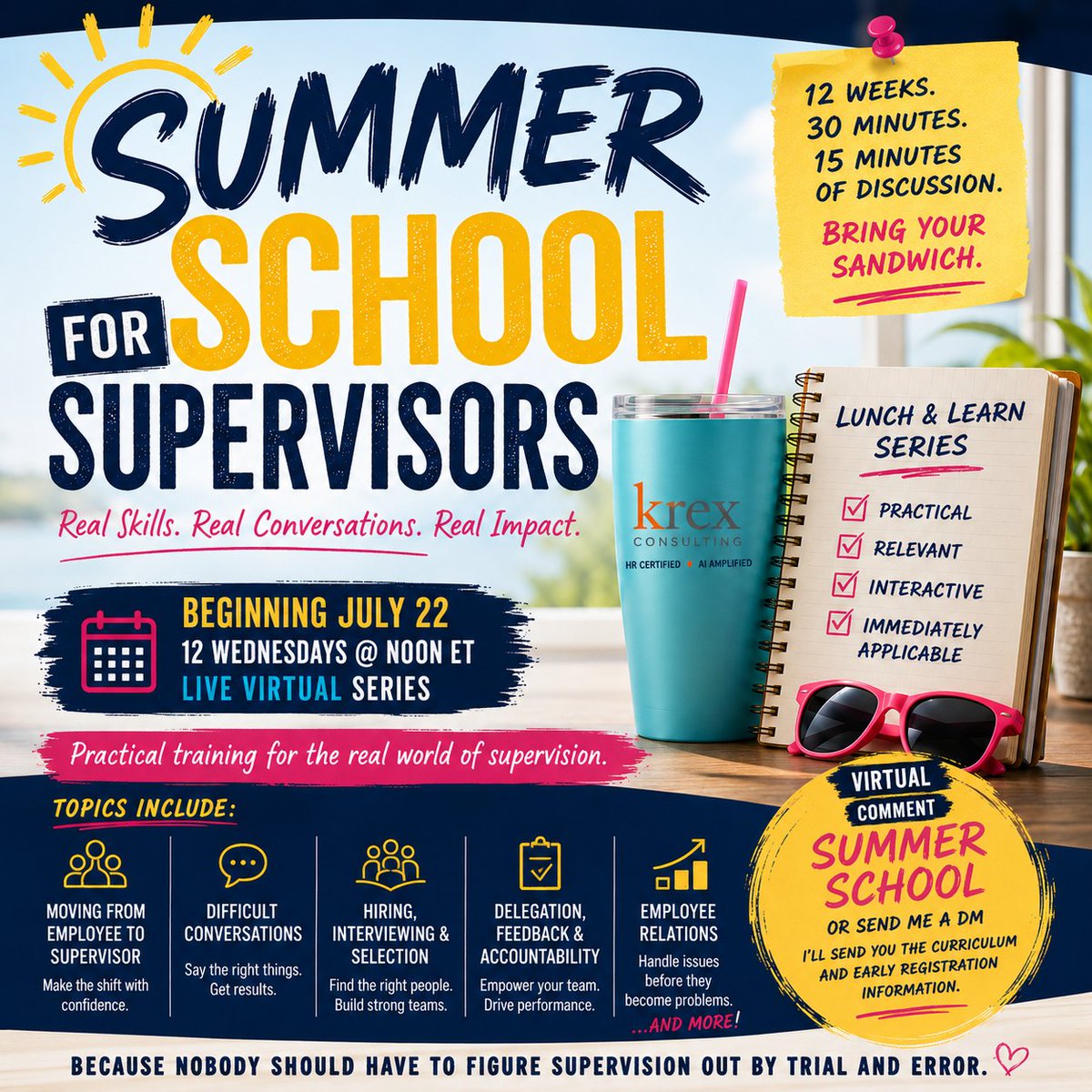krex's tweet photo. One of the biggest mistakes organizations make?
Promoting great employees into supervisory roles and assuming they'll figure it out.  That's why I'm launching Summer School for Supervisors this July.  Because nobody should have to figure supervision out by trial and error. https://t.co/y2UUaYlkBQ