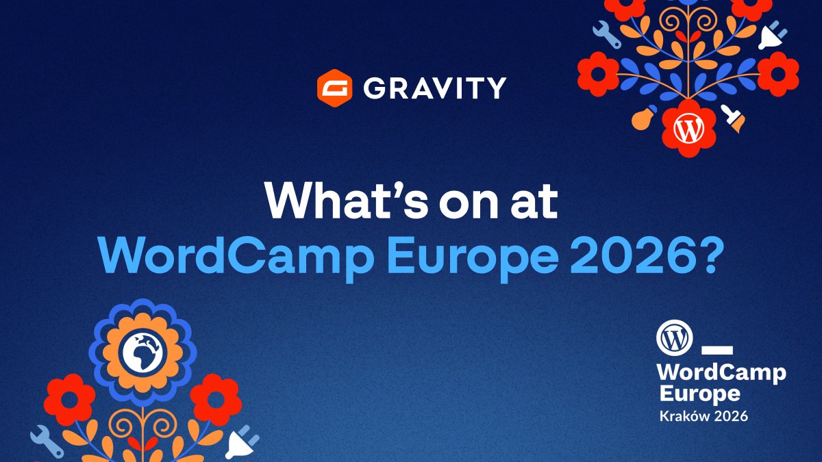 gravity's tweet photo. WordCamp Europe 2026 is almost here 🇪🇺

We’re sharing where to find us, the talks and workshops we’re excited about, plus special deals and our giveaway happening during WCEU 👀

Get the full rundown…
https://t.co/i1qW1GLVM0 https://t.co/hOpF1ijlxs