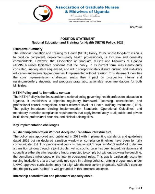 agnmu_Ug's tweet photo. Fellow Countrymen and Women, here is our position statement as a professional association mandated to shape the nursing and midwifery policy landscape.

The struggle continues, victory is certain! https://t.co/A6HlpY3ybS