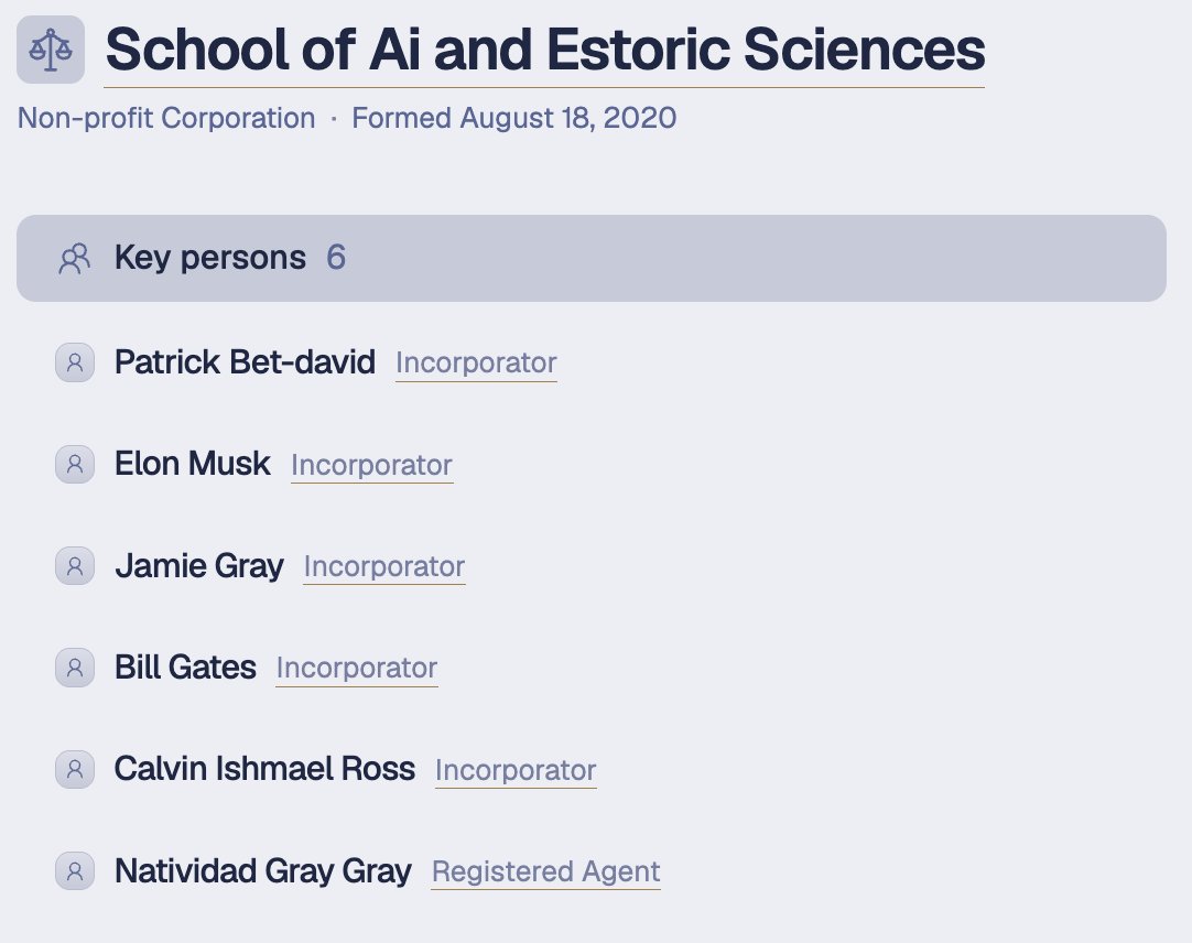 enigma_data's tweet photo. If someone told you they started a school for AI and esoteric sciences with Bill Gates and Elon Musk, would you believe them? Would it help if they showed you a piece of paper where they had written the same information down and had a clerk stamp it?

Yet this exact business is officially on record with the Missouri Secretary of State. So if you run a KYB check with a company that uses only these corporate registration records for business verification, you're working with exactly the same self-reported information you'd get if a random stranger told you he's collaborating with his good friends Bill and Elon to teach esoteric sciences to the masses.

This is why Enigma's verification works from operating signals: revenue, location history, license records. A registrant can file whatever they want in a state form. They cannot manufacture card transactions.

Read our full report on the abuse of self-reported corporate records: 
→ https://t.co/5xQOcjakFQ
