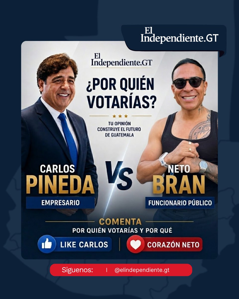 INDEPENDIENT25's tweet photo. 🇬🇹 Pregunta para Guatemala:
Si hoy tuvieras que elegir entre Carlos Pineda y Neto Bran para la Presidencia, ¿por quién votarías?
👍 = Carlos Pineda
❤️ = Neto Bran
Y lo más importante: ¿por qué?
Los leemos. 👇🔥
#Guatemala #OpiniónCiudadana #EleccionesGT #ElIndependienteGT https://t.co/JyTsX91ISZ