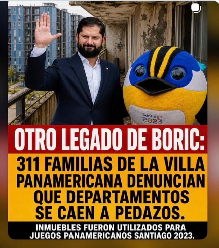 Iherreraa's tweet photo. Y mientras 311 familias viven en departamentos entregados por Boric, que se caen a pedazos, este se pasea en Europa con plata de todos los chilenos.  Este es otro legado de Boric https://t.co/GfFAsrBULc