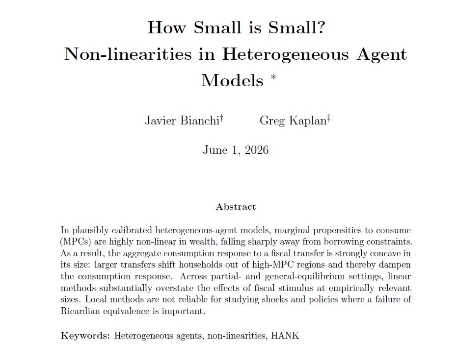 JavierBianchi7's tweet photo. 📢 New paper w/ @GregWKaplan 🧵1/10

How small is “small” for local-linear methods to deliver reliable answers in heterogeneous-agent models of fiscal stimulus?

Our answer: very small. https://t.co/YycGFhmgjo