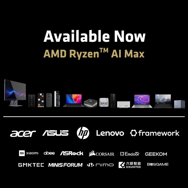 amdjapan's tweet photo. AMD Ryzen AI Max+ が発売開始です。

16コア、32スレッド、40コンピュートユニット、50 TOPS NPU、最大128GBのユニファイドメモリ。

x86 アーキテクチャ上に構築され、既にチームが使用しているエンタープライズおよび開発者向けワークフローに、画期的なローカル AI パフォーマンスを提供します。 https://t.co/tVQgFeagZp