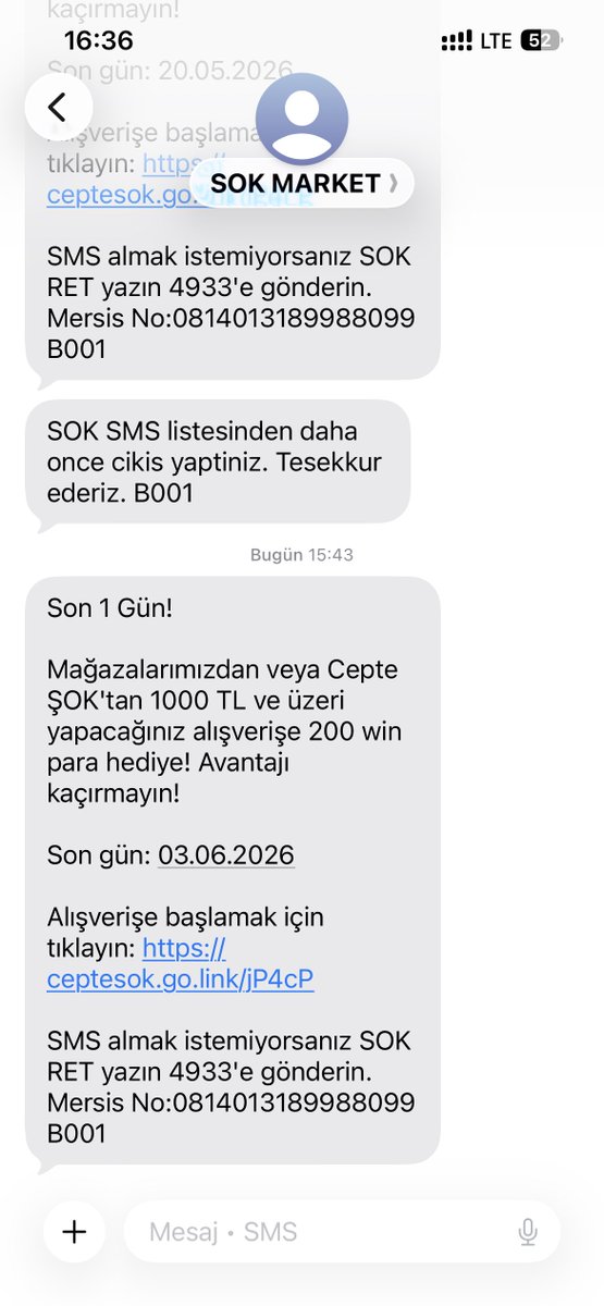 mfkaradeli's tweet photo. Daha kaç defa sms sisteminizden çıkmam gerekiyor? @SokMarketler https://t.co/2oiVFMnNVl