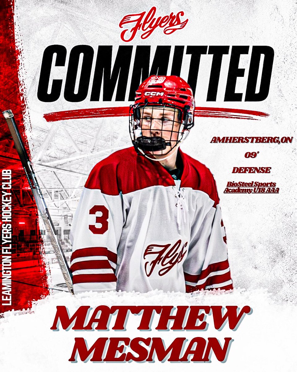 LeamFlyers's tweet photo. 🚨 COMMITTED 🚨
The Leamington Flyers are proud to announce the commitment of defenseman Matthew Mesman for the 2026-27 season!

Welcome to Leamington, Matthew! 🔴⚪️ https://t.co/qeL83PnTIa