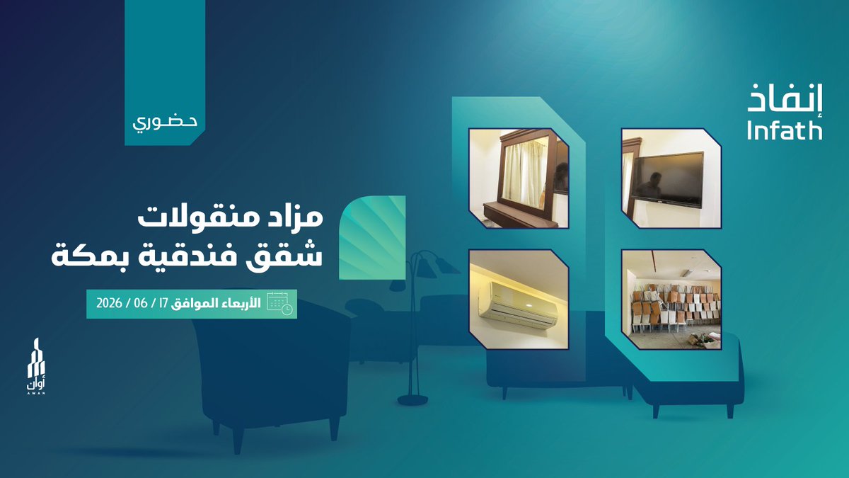 Awanre's tweet photo. تحت اشراف مركز الأسناد والتصفية (إنفاذ) وبقرار من محكمة التنفيذ تعلن شركة أوان العقارية عن مزاد المنقولات الحضوري 
" شقق فندقية بمكة  " لبيع منقولات اثاث متنوع  ،
 بتاريخ الأربعاء 17-06-2026  بفندق هليز ريع ذاخر شارع ريع ذاخر، مكة

أقتنص الفرصة https://t.co/MptBKS5ZxO