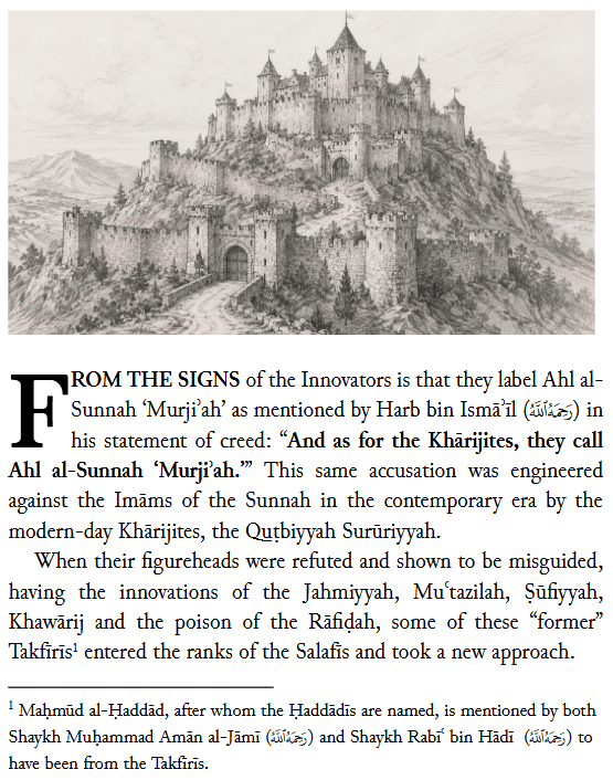 AbuIyaadSP's tweet photo. The Similitude of Shaykh Rabīʿ (رحمه الله) and ʿArafāt al-Muḥammadī: Between the Fortifier of the Castle and the Treacherous Insider

FROM THE SIGNS of the Innovators is that they label Ahl al-Sunnah ‘Murjiʾah’...

Read document:
https://t.co/81mygqvt8w https://t.co/sqvjLs7S1N