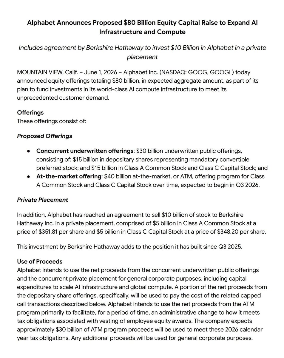 fantasy_keith's tweet photo. Although this financing may bring short term equity dilution pressure for Google（ $GOOG ), it also reflects Alphabet’s confidence in the growth of demand for AI, data centers, and computing power.

If Berkshire invests $10 billion to participate in the private placement, it would indicate that long-term capital is optimistic about Alphabet’s competitive advantages.

As long as tech giants continue to expand AI investment and maintain profit growth, the long-term upward trend remains intact.

I believe AI is still the most important investment theme in the U.S. stock market right now