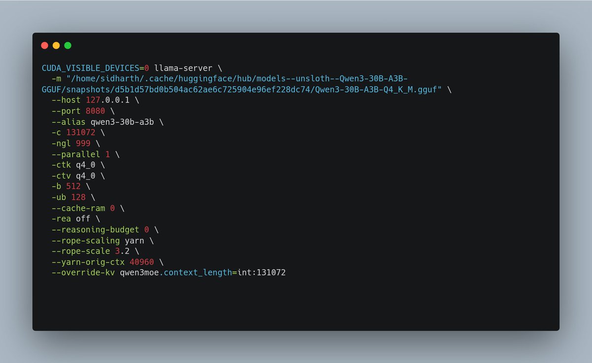 sid250581's tweet photo. A llama.cpp/Qwen3 finding that cost me a few hours

Setting -c 131072 does NOT necessarily mean you're actually running with a 131K context window.
The thing that matters is the slot initialization line:
❌ slot load_model: ... n_ctx = 40960
✅ slot load_model: ... n_ctx = 131072

Fix: 
--rope-scaling yarn 
--rope-scale 3.2 
--yarn-orig-ctx 40960 
--override-kv qwen3moe.context_length=int:131072

Now 21 GiB VRAM, ~150 tok/s, 131k live