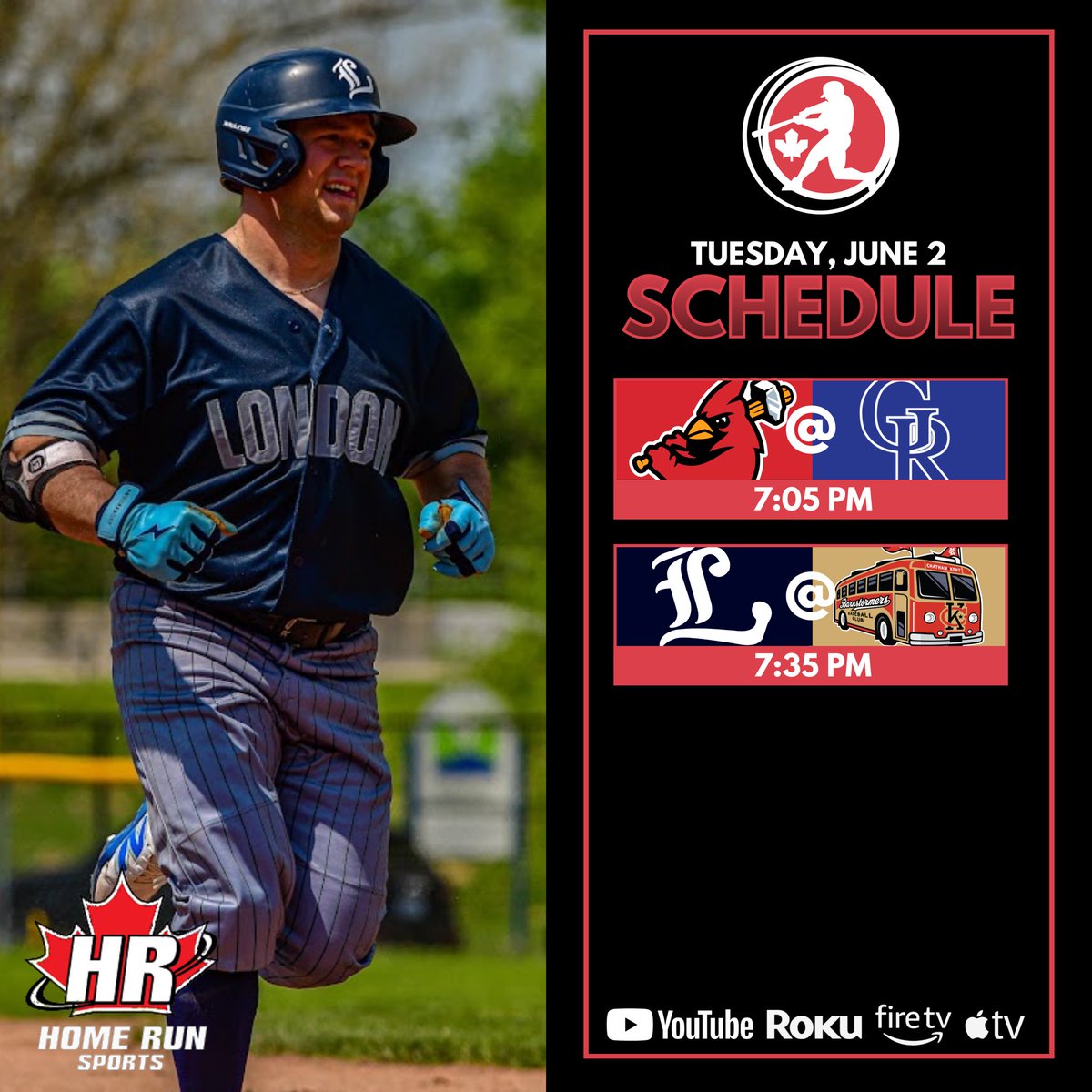 CBL1919's tweet photo. Some Tuesday Night Action to start June!

Watch on CBL TV, YouTube, Roku, Amazon Fire TV, and Apple TV 📺 

#CanadasLeague • 📸 @_CWPhotography https://t.co/GpFjAgNknr
