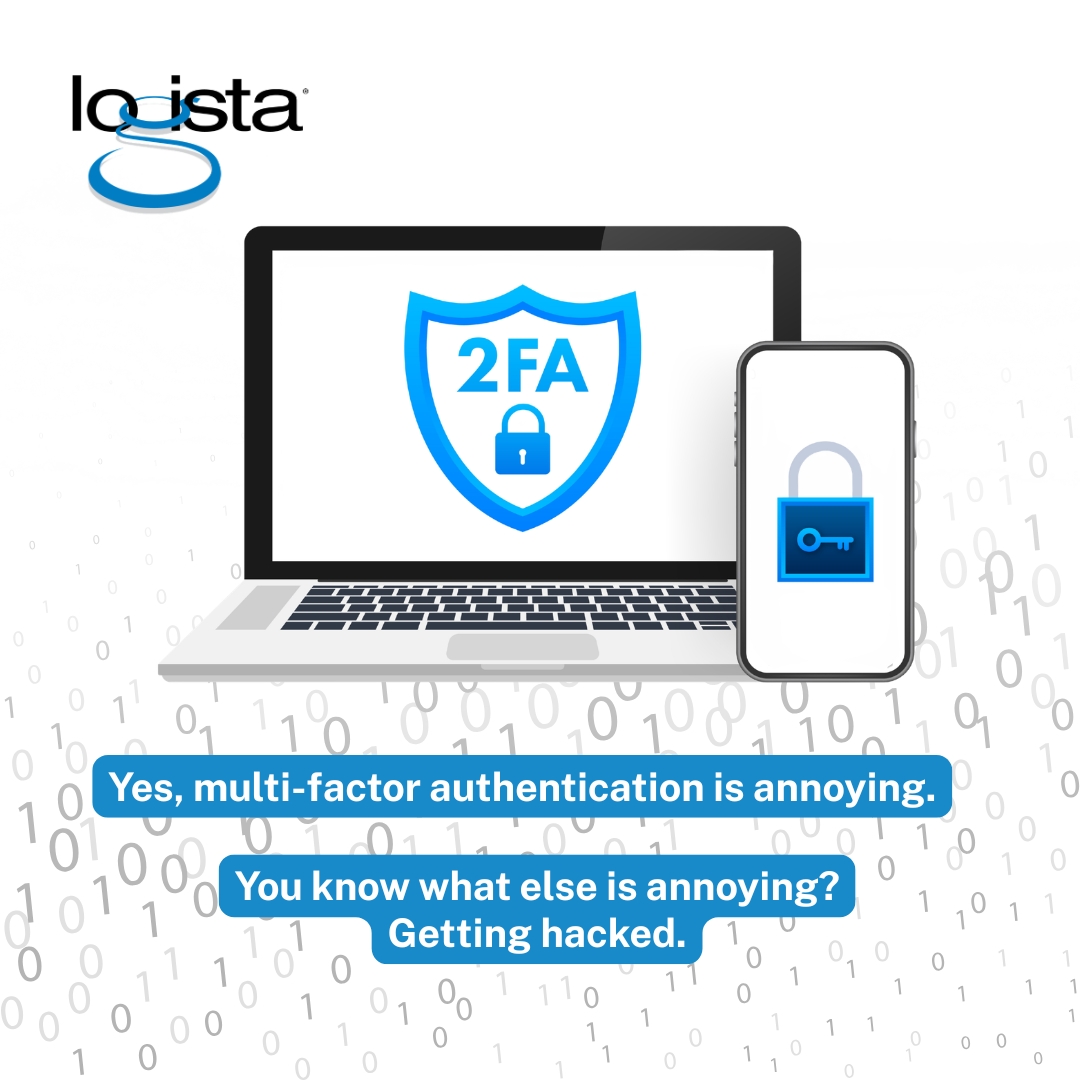 LogistaOfficial's tweet photo. We get it. The extra step is annoying.

Multi-Factor Authentication (MFA) adds one extra step to your login, but it stops hackers who have stolen your password from getting in.

Learn more about how we help businesses stay secure: https://t.co/zCPK2Z1RyK https://t.co/HH6ssvdDra