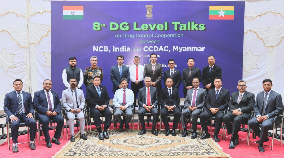 narcoticsbureau's tweet photo. 🇮🇳🤝🇲🇲 The 8th Bilateral Meeting on Drug Control Cooperation between India and Myanmar was held in New Delhi on 2 June 2026.

🔷 The Indian delegation was led by Shri Anurag Garg, Director General, NCB. The Myanmar delegation was led by Pol. Brig. Gen. Thant Lwin Maung, Joint Secretary, CCDAC, Myanmar.

🔷 Both sides reviewed the evolving drug trafficking scenario in the region and discussed enhanced cooperation in intelligence sharing, coordinated operations, precursor chemical control, tackling synthetic drugs, darknet-enabled trafficking, illicit opium cultivation and capacity building.

🔷 The discussions reaffirmed the shared commitment of India and Myanmar to strengthen bilateral cooperation against transnational drug trafficking and organized crime.

#NCB #IndiaMyanmar #DrugControlCooperation #DrugFreeIndia #InternationalCooperation #NarcoticsControl #DrugTrafficking #CapacityBuilding #BorderSecurity

@PMOIndia @HMOIndia @dg_ncb @MSJEGOI @PIBHomeAffairs @DDNewslive @airnewsalerts @MEAIndia @IndiainMyanmar
