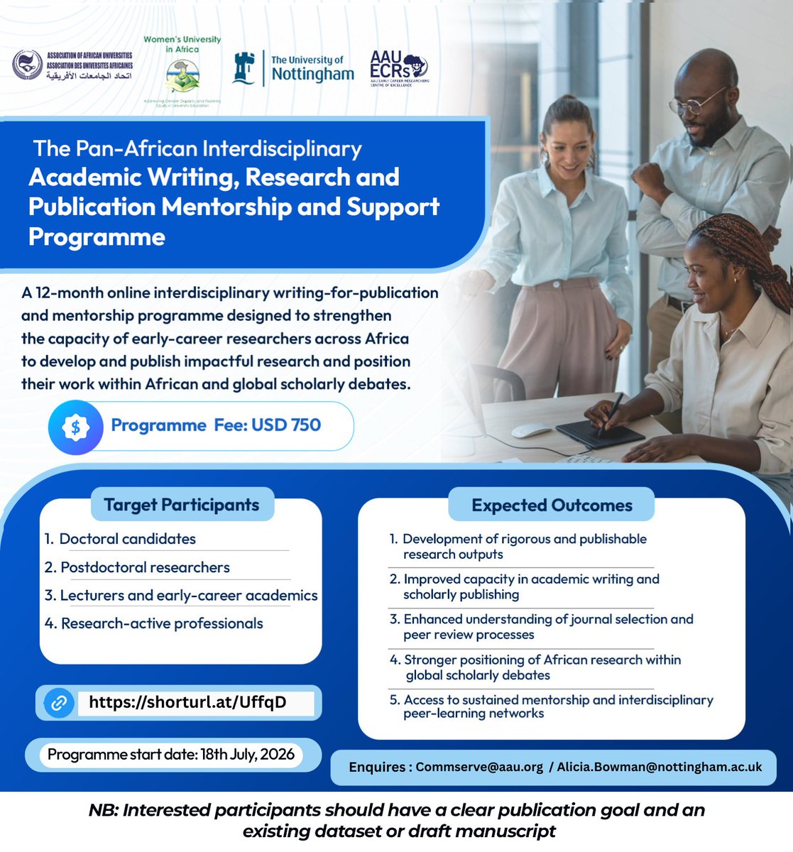 AAU_67's tweet photo. Applications are open for the AAU Pan-African Interdisciplinary Academic Writing, Research & Publication Mentorship programme. This is a 12-month initiative supporting early-career researchers to publish impactful research.

NB: Existing dataset or draft manuscript required.

Apply: https://t.co/XWvUi8DZNa
#AAU #Research #AcademicWriting #EarlyCareerResearchers