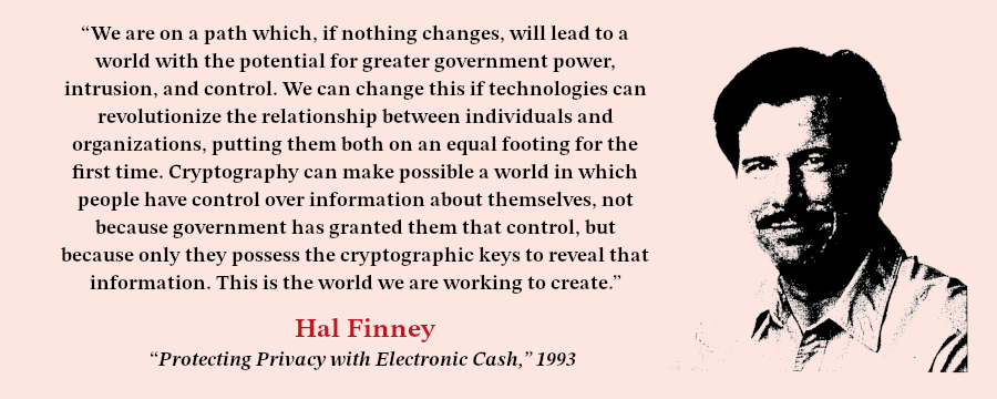 MarkAlexaSmith's tweet photo. Hal Finney - "Protecting Privacy with Electronic Cash" 1993

In this prescient and timely article, Finney shows how we can use cryptography to build a more private economy on public networks using electronic cash.

https://t.co/D8lGqoXx3s https://t.co/temusP1Sso