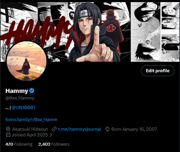 0xx_Hammy's tweet photo. 2.4k followers on X today, just wow man, what a journey it’s been.

Went from making 5 figs to literally zeroing my port, had moments where I genuinely questioned wtf I was doing, then spent weeks/months grinding my way back just to build a decent port again and slowly traded my way back to mid 5 figs

But ngl, the money isn’t even the craziest part looking back. It’s the people I met, the connections made, the lifelong friends, the lessons this space taught me (sometimes the hard way)

Been a crazy ride full of Ws, roundtrips, fumbles, lessons and moments where conviction paid off. Still learning every single day

Genuinely got love for every one of you who’s supported me, interacted, followed the journey, or even just lurked. Wouldn’t be here without y’all fr 🫶

Road to bigger things, we just getting started