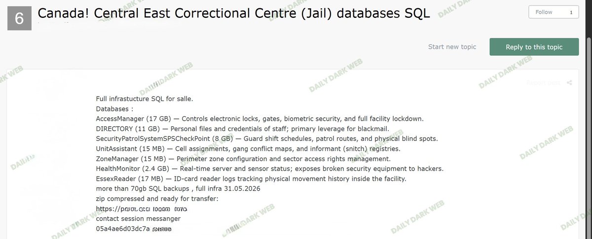 DailyDarkWeb's tweet photo. 🇨🇦 Canada: Central East Correctional Centre Database Allegedly Offered for Sale

A threat actor claims to be selling SQL database backups allegedly associated with the Central East Correctional Centre in Canada

According to the listing, the package allegedly contains more than 70 GB of SQL backup data dated May 31, 2026

The seller claims the dataset includes multiple internal systems related to access management, personnel directories, security operations and facility monitoring

Allegedly exposed information includes staff records, access control data, patrol schedules, facility movement logs and operational security information

The post also claims the data contains information related to inmate management, housing assignments and internal facility administration

No independent evidence has been provided to verify the authenticity, completeness or origin of the alleged databases

Analyst Note:

If authentic, exposure of correctional facility operational data could present significant security concerns. Information relating to personnel, access management, physical security controls and facility operations may create risks extending beyond privacy impacts and could affect institutional security and staff safety.

Daily Dark Web has not independently verified the authenticity of the claims or the alleged leaked data.

#DDW #Intelligence #DarkWeb #Canada