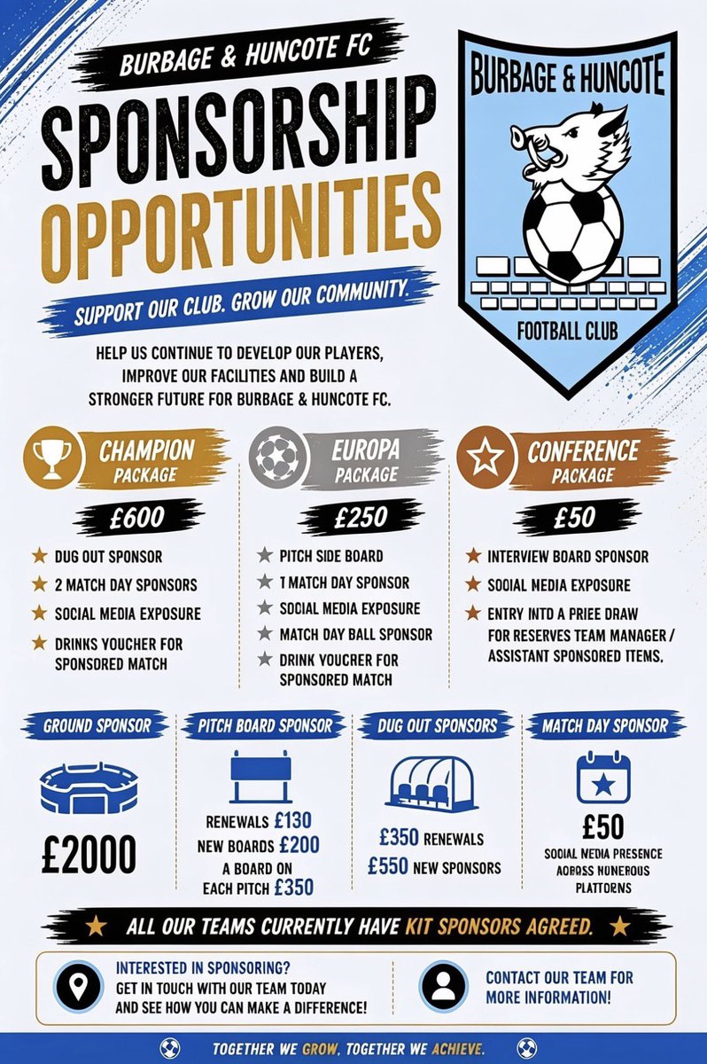 bhres2023's tweet photo. SPONSORSHIP OPPORTUNITIES 2026/27 ⭐️

📢 WE’RE LOOKING FOR YOU!

Local businesses • Tradespeople • Companies

Help us build our vision for the upcoming season!

✅ Wide range of sponsorship options
✅ Custom packages made just for you
✅ Flexible – fits every budget https://t.co/kaKMff4ZkE