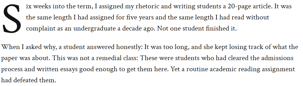 MrDanielBuck's tweet photo. College professor says that his students struggle to finish even a 20 page reading

We're cooked https://t.co/mAbIwR10uI