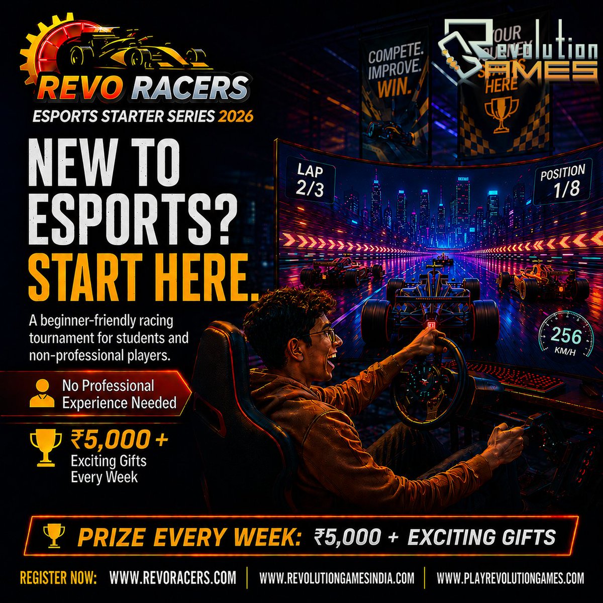 RevoRacers's tweet photo. YOUR GAMING JOURNEY DESERVES MORE THAN JUST CASUAL MATCHES.
Welcome to Revo Racers Esports Starter Series 2026- where beginners become competitors.
₹5,000 Cash Prize
Exciting Gifts Every Week
VISIT US: https://t.co/tJ8V6IkNti
#RevoRacers #EsportsIndia #GamingIndia #RacingEsports https://t.co/pmuI8cTgwU