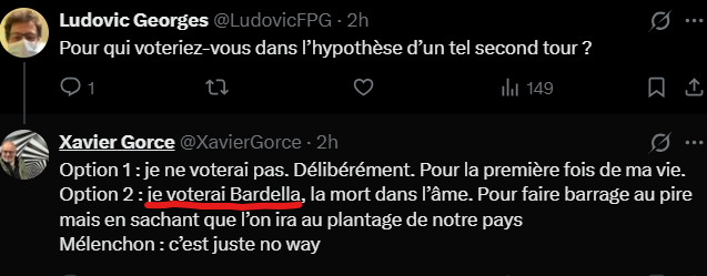 mezigus's tweet photo. Scénario de 2nd tour Bardella Mélenchon, @XavierGorce, qui donne régulièrement des leçons de républicanisme, ne fait pas de barrage républicain
On s'en doutait mais pour Gorce c'est plutôt Hitler que le Front Populaire👇 https://t.co/KYdBTjern7