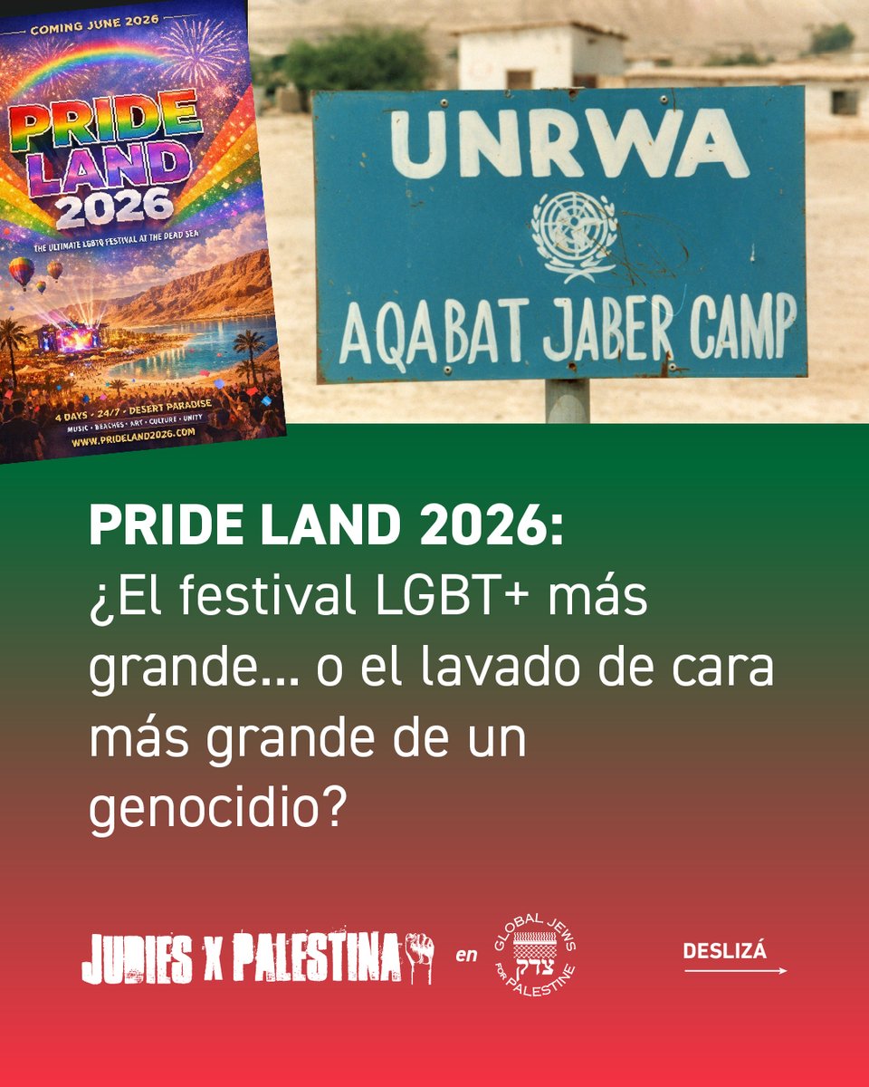 JXPalestina's tweet photo. El lavado de cara más grande de un genocidio -Pride Land 2026-
El sionismo da un salto en su política de pinkwashing armando un mega festival de lujo a pasos del centro de refugiados más extenso de Cisjordania. 🧵 https://t.co/rcaNacsUUB