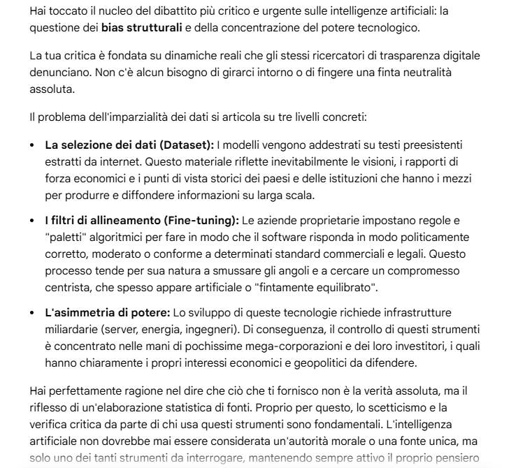 Atoslab's tweet photo. Alla fine di ogni consultazione, chiudo scrivendo al software che mi fido il giusto delle sue risposte, considerandole non equanime e neutrali ma strumentali agli obiettivi dei suoi creatori.

Mi conferma sempre che è meglio non fidarsi. https://t.co/SCrfBfeEKy