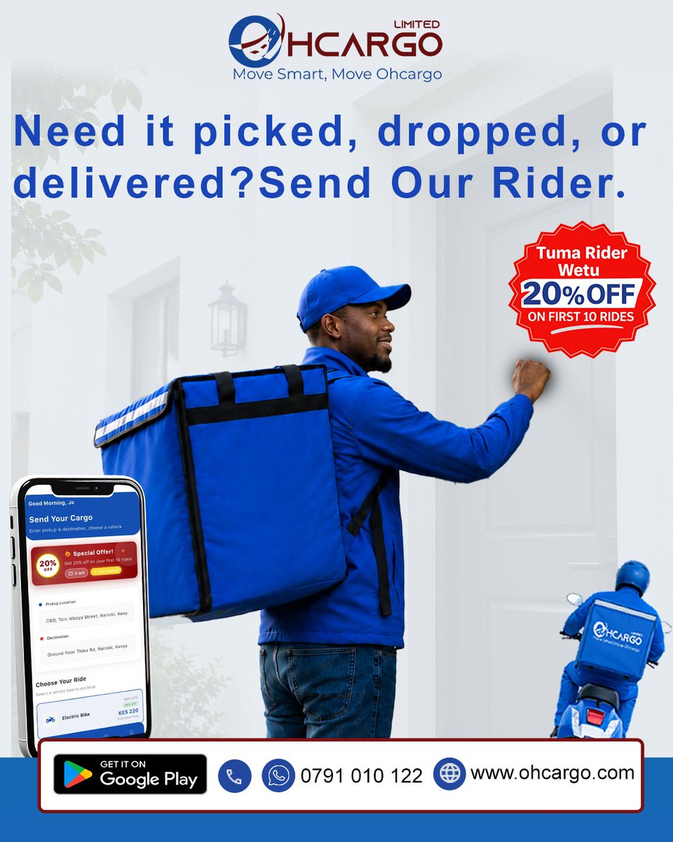 ohcargo's tweet photo. Got packages that need to move? Don't stress. Just send our rider. 

Download on Google Play today: https://t.co/q7L9sxEqVZ

#Ohcargo #TumaRiderWetu #RiderDelivery #NairobiDelivery #MoveSmart #Convenience #DoorstepDelivery https://t.co/79v06ecY7N