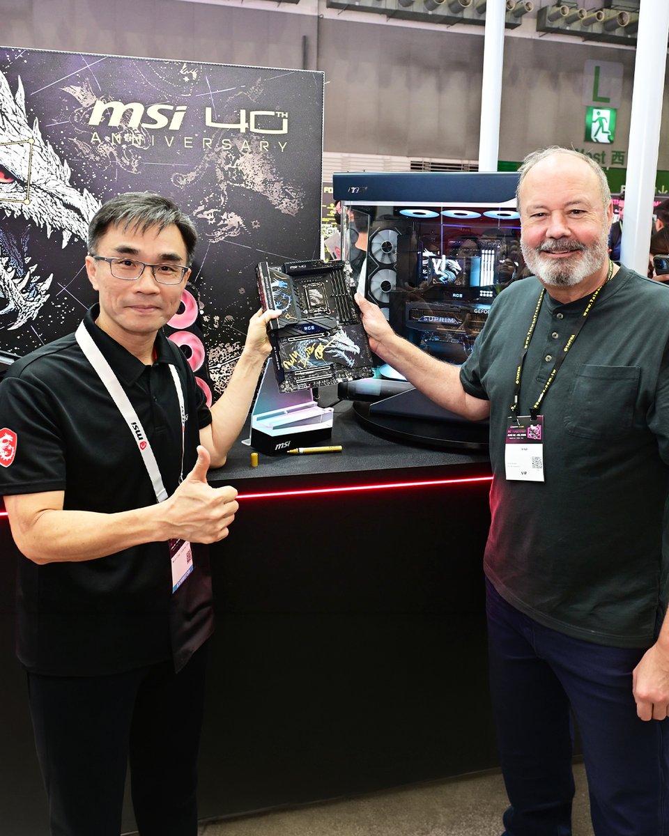 msitweets's tweet photo. Huge thanks to Jim Johnson &amp; the @Intel team for checking out our latest Intel-powered lineup: the Titan 18 HX Dragon Edition Draco Epic, Prestige 14 Flip AI+ Vincent van Gogh Edition, and Claw 8 EX AI+, he even signed our 40th-anniversary MEG Z890 ACE Draco Epic motherboard! https://t.co/8pgCrZGs7Q