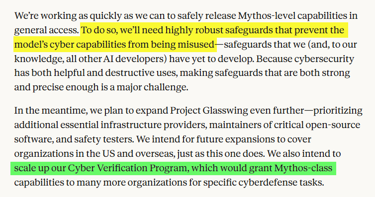 odiesec's tweet photo. Two things stood out in the Anthropic's Project Glasswing update.

1. Mention of the robust safeguards needed in anticipation of releasing Mythos more broadly. 

This is most likely some of what we are seeing/experiencing with the opus 4.8 release. https://t.co/I6H4FYrOgK