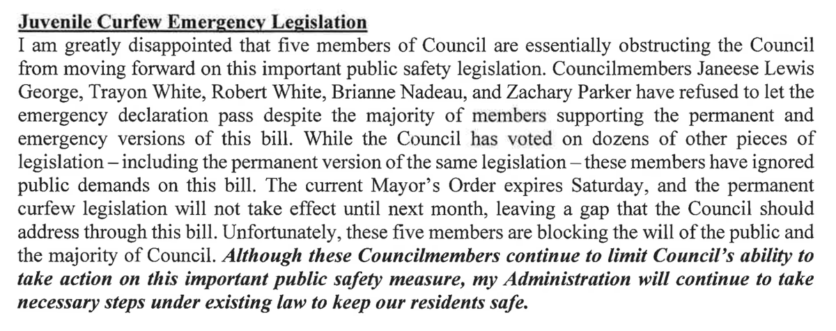 maustermuhle's tweet photo. In a letter to the D.C. Council, @MayorBowser slams the five lawmakers who have blocked an emergency bill to extend the teen curfew zones authority over the summer, until a permanent bill can take effect in late July. She also says she will "take necessary steps" in response. https://t.co/DEXP72zx5z