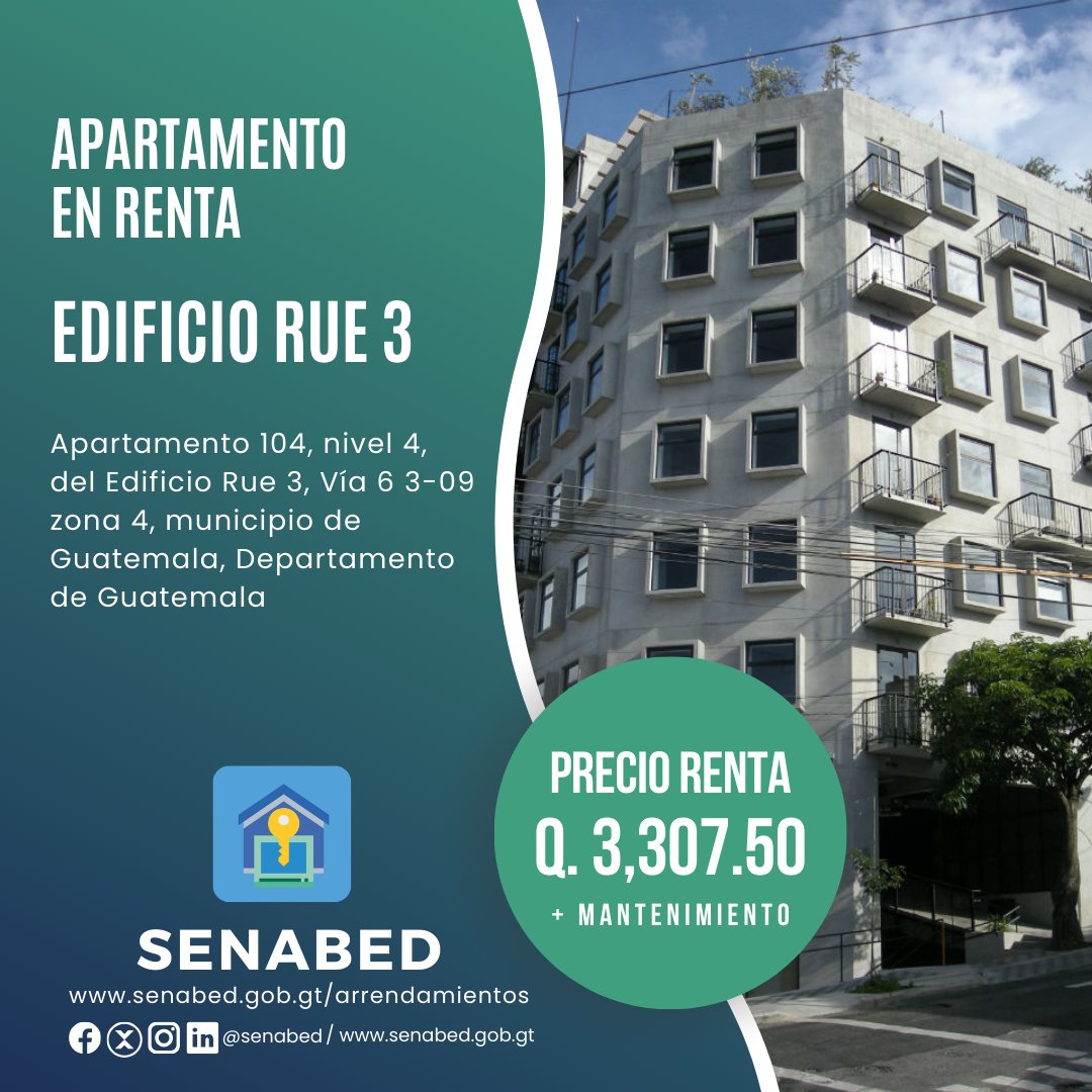 senabed's tweet photo. APARTAMENTO EN RENTA
Apartamento 104, nivel 4, del Edificio Rue 3, Vía 6 3-09 zona 4, municipio de Guatemala, Departamento de Guatemala
Área registral 40.66 mt2
Precio de renta Mensual: Q3,307.50 + Mantenimiento Mensual Q675.00.
Información: 5312-9934 y 5312-8800 https://t.co/HmZLbJot6S