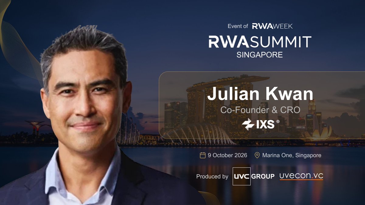 rwasummitglobal's tweet photo. Julian Kwan, Co-founder & CRO at @IxsFinance  joins @rwasummitglobal  #SINGAPORE  ⭐️

https://t.co/avGrvgpb4S is building infrastructure for tokenized real-world assets and compliant digital securities markets, enabling broader access to onchain investment opportunities.  

As Co-founder & CRO of IXS, @julian2kwan  works at the intersection of capital markets, #blockchain infrastructure, and institutional adoption, helping accelerate the evolution of #tokenized finance ecosystems. 

• When: 9 October 2026 | 09:00 - 18:00 SGT 

• Where: Marina One, 5 Straits View, 5-min walk from Marina Bay Sands

👉 Register now to hear insights from our speakers:  https://t.co/lof4x0hFjS 

✍️ Strategic Partners: @LynxcapDeFi | @dydxfoundation 

🙌 Powered By: https://t.co/sXPlej6eb3 | @rwaweek series production