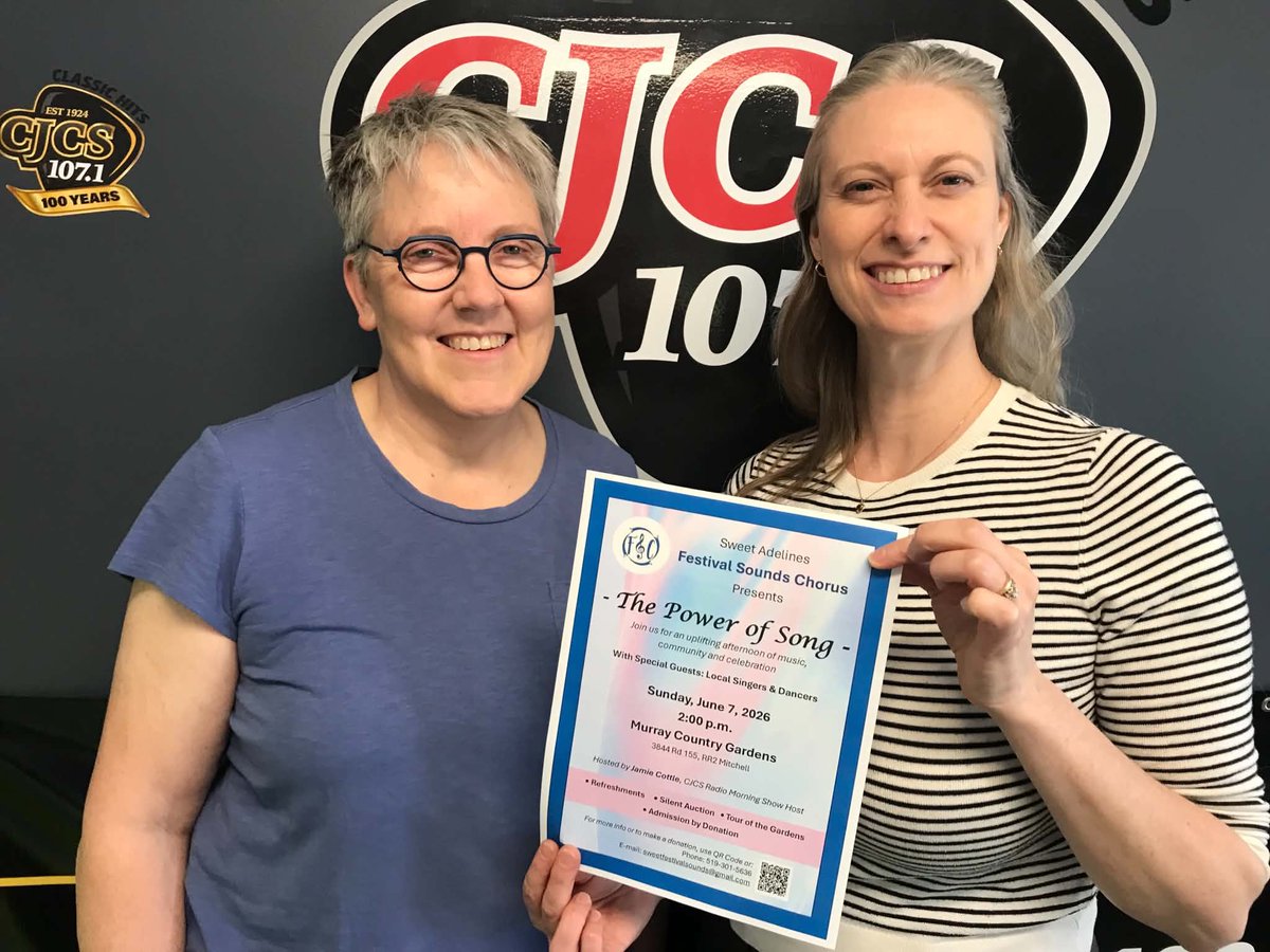 1071CJCS's tweet photo. Jamie: So nice chatting with Brooke Dufton and Sheila Dow from Festival Sounds Chorus It's The Power Of Song THIS SUN JUN 7 at 2pm at the Murray Country Gardens RR2 Mitchell. Brooke and Sheila talk about the upcoming show with special guests: https://t.co/kpRJFqJaqP https://t.co/ZDf5xwCddB
