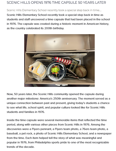 SpringfieldSD's tweet photo. Scenic Hills Elementary School recently took a special step back in time as students and staff uncovered a time capsule that had been placed in the school in 1976. 
#PrideInAllThings https://t.co/0pkn6Rsndo